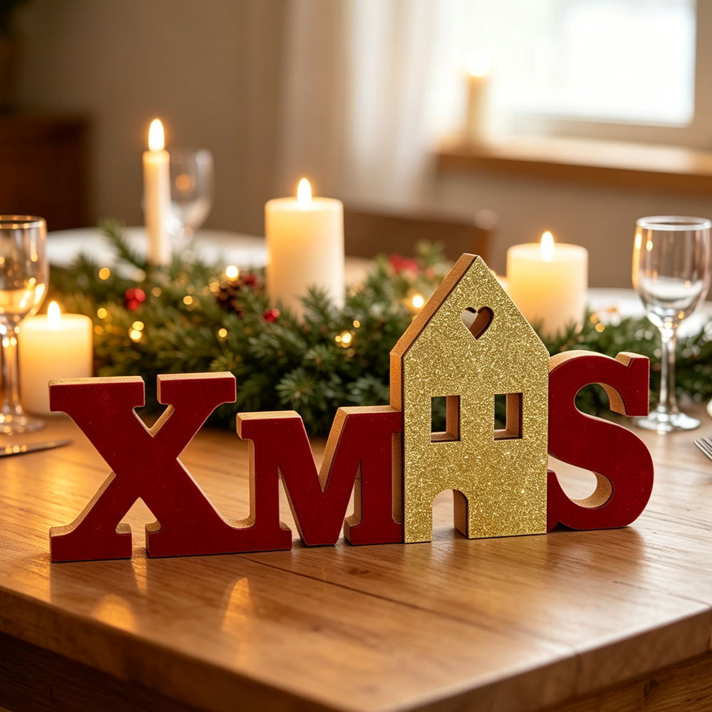 Scritta luminosa decorativa Xmas 20 Microled Bianco Caldo in legno di colore rosso e dorato a batteria Wisdom - Foto 1