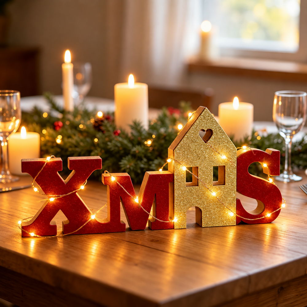 Foto principale Scritta luminosa decorativa Xmas 20 Microled Bianco Caldo in legno di colore rosso e dorato a batteria Wisdom