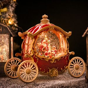 Foto principale Carrozza retrò luminosa natalizia rossa palla di neve Babbo Natale musicale USB e Batteria Bianco Caldo Wisdom