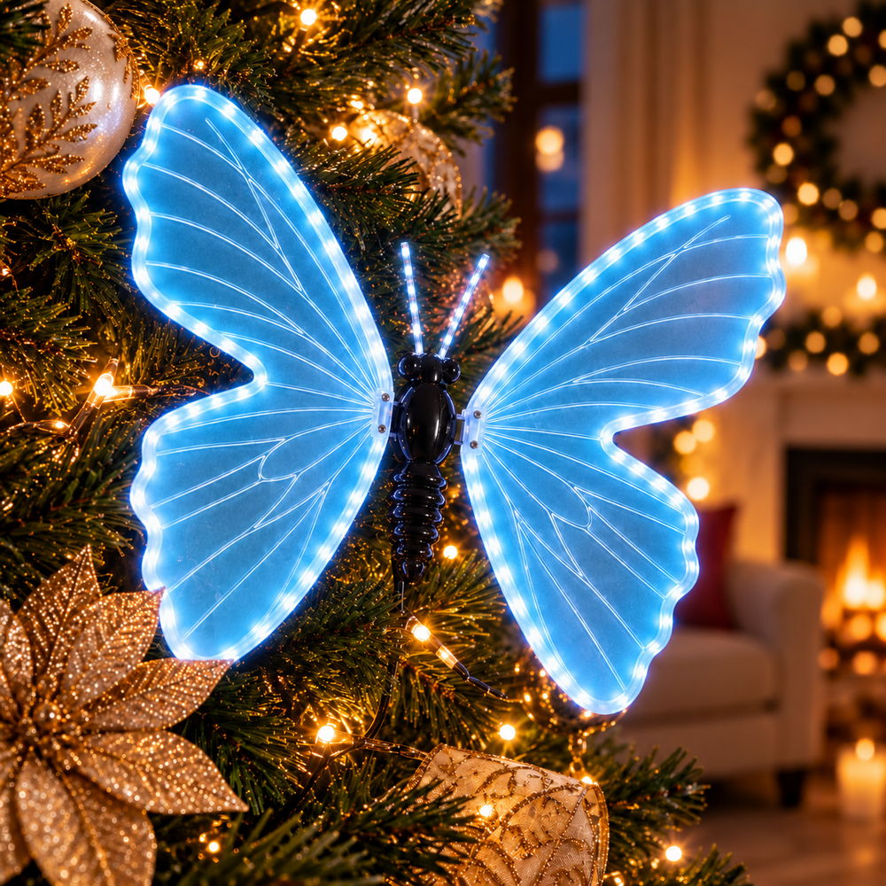 Foto principale Farfalla luminosa 75x60cm 3D con movimento ali Azzurra da albero e giardino Wisdom