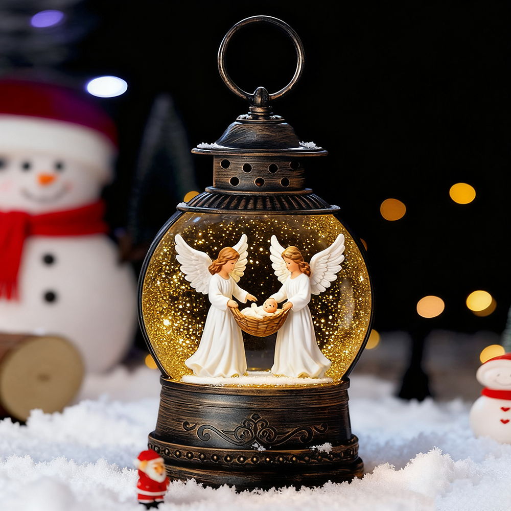 Foto principale Lanterna natalizia luminosa Palla di neve Angeli e Gesu bambino musicale USB e Batteria Bianco Caldo Wisdom